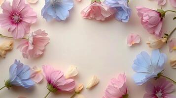 Colorful arrangement of soft pastel flowers on a neutral background, perfect for spring themes photo