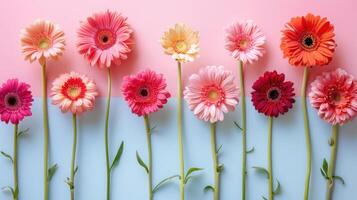 A vibrant display of colorful gerbera daisies arranged in a gradient on a pastel background photo