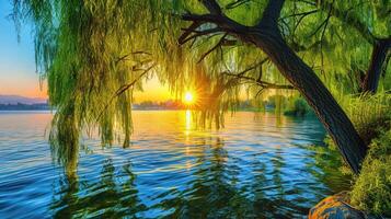Serene sunset over a tranquil lake with willow trees reflecting on the water's surface photo