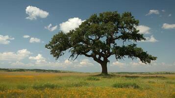 Majestic solitary tree in a vibrant meadow under a clear blue sky with scattered clouds photo