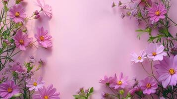 Pink background adorned with vibrant flowers creating a serene and inviting atmosphere photo