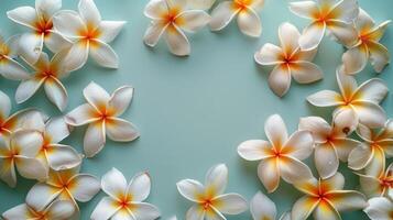 Delicate white and orange plumeria flowers arranged in a circular frame on a soft green background photo