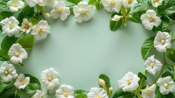 Elegant arrangement of white gardenias and green leaves on a soft mint background, ideal for invitations photo