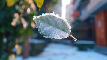 Frost-covered leaf suspended in a serene urban environment with blurred buildings in background photo