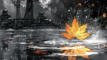 A vibrant orange maple leaf floating on a rain-soaked pond in a serene, misty forest photo