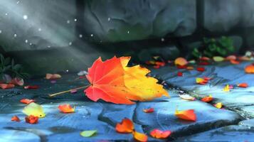 Vibrant autumn leaves scattered on cobblestone with sunlight filtering through trees photo
