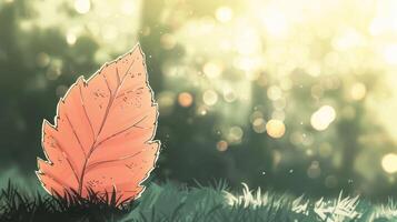 Vibrant autumn leaf resting on grass, illuminated by soft sunlight with a blurred forest background photo
