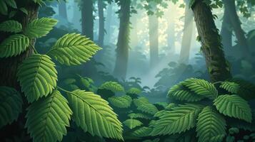 Lush green forest with sunlight filtering through leaves, creating a serene atmosphere photo