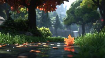 A serene autumn landscape featuring a tranquil stream reflecting vibrant foliage and fallen leaves photo