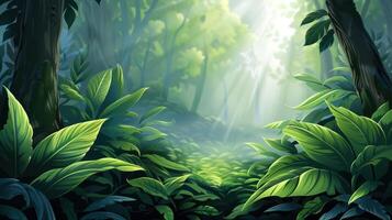 Lush green jungle scene with sunlight filtering through trees, creating a serene atmosphere photo