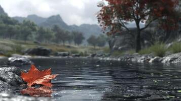 Tranquil autumn landscape featuring a red leaf floating on a serene lake surrounded by mountains photo