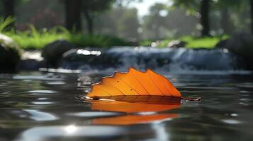 A vibrant orange leaf floating on calm water near a gentle stream in a lush green park photo