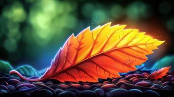 Vibrant autumn leaf resting on colorful pebbles, illuminated by soft glowing background light photo