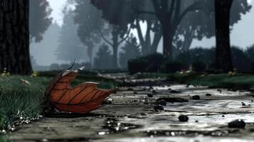 Autumn scene featuring a wet pathway with fallen leaves and trees in a misty background photo