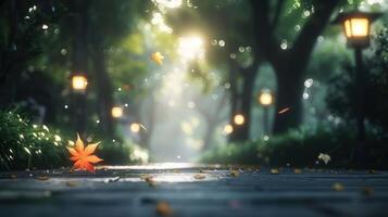 Serene autumn pathway illuminated by lanterns, surrounded by lush greenery and falling leaves photo