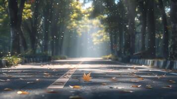 Serene autumn scene on a quiet road with falling leaves and sunlight filtering through trees photo