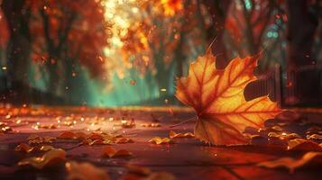 Vibrant autumn scene with a fallen orange leaf on a path, sunlight filtering through trees photo