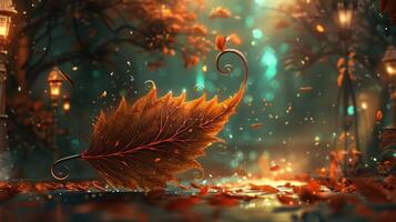 Enchanted autumn scene with a giant leaf amidst falling leaves and glowing lanterns in a forest photo