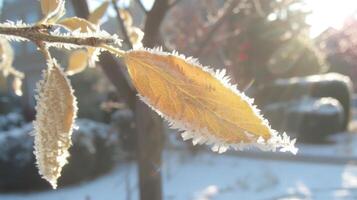 Frost-covered yellow leaf glistening in sunlight amidst a winter landscape with blurred background photo