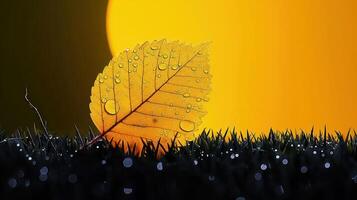 Close-up of a dew-covered leaf resting on grass with a vibrant sunset in the background photo