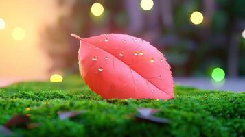Vibrant pink leaf with droplets resting on green moss, illuminated by soft background lights photo