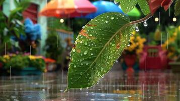 Close-up of a rain-soaked leaf with droplets, vibrant garden background with colorful umbrellas photo