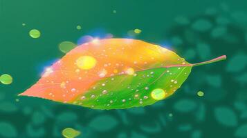 Vibrant leaf glistening with dew drops, surrounded by a soft bokeh background of foliage photo