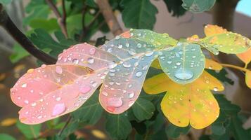 Close-up of vibrant leaves with water droplets, showcasing nature's beauty in a serene garden photo
