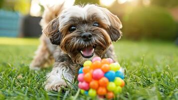 Happy small dog playing with a colorful ball on green grass in a sunny backyard setting photo