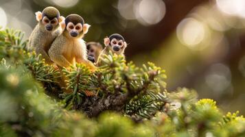 Three playful monkeys perched on a tree branch in a lush forest, surrounded by vibrant greenery photo
