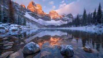 Majestic mountain landscape at dawn with snow-capped peaks reflecting in a serene lake photo