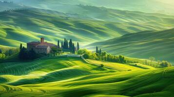 Serene rolling hills of Tuscany with lush green fields and a rustic farmhouse in the distance photo