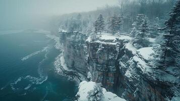 Snow-covered cliffs overlooking a misty ocean with evergreen trees in a serene winter landscape photo
