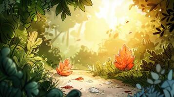 Serene forest path with vibrant autumn leaves illuminated by soft sunlight, surrounded by lush greenery photo