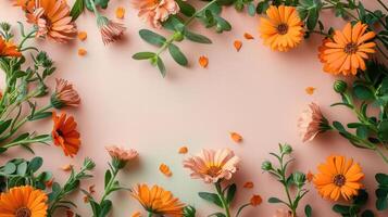 Vibrant orange flowers arranged beautifully on a soft pastel background, creating a serene atmosphere photo