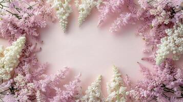 A beautiful arrangement of pink and white flowers on a soft pink background, perfect for invitations photo