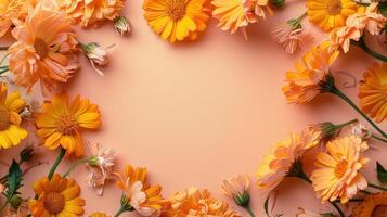 Vibrant orange flowers arranged beautifully on a soft peach background, ideal for spring-themed designs photo