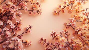 Delicate pink cherry blossoms arranged beautifully on a soft peach background, creating a serene atmosphere photo
