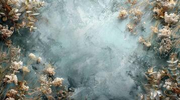 A serene background featuring dried flowers and foliage arranged elegantly on a textured surface photo
