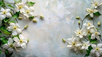 Beautiful floral arrangement with white flowers and green leaves on a soft pastel background photo
