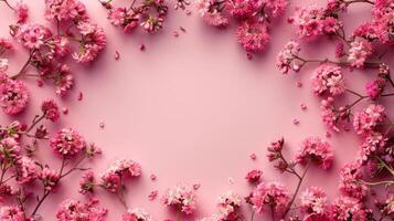 Delicate pink flowers arranged in a circular pattern on a soft pink background, ideal for spring themes photo