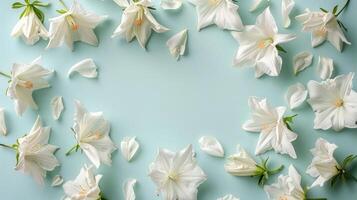 A serene arrangement of white lilies scattered on a soft blue background, evoking tranquility photo