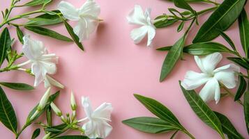 White flowers and green leaves arranged in a circular pattern on a pink background, creating a serene atmosphere photo