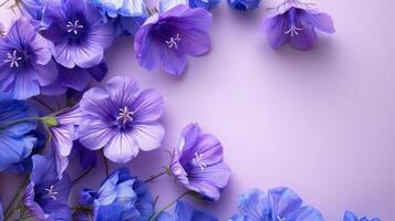 Beautiful arrangement of purple flowers on a soft lavender background, ideal for spring themes photo