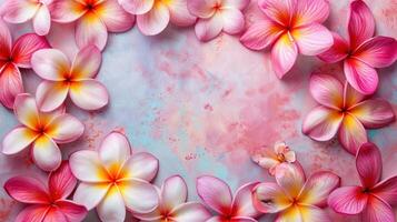 Vibrant pink and yellow plumeria flowers arranged in a circular frame on a textured pastel background photo