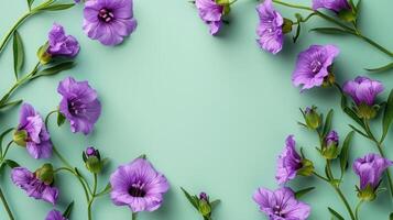 Vibrant purple flowers arranged elegantly on a mint green background, ideal for design use photo