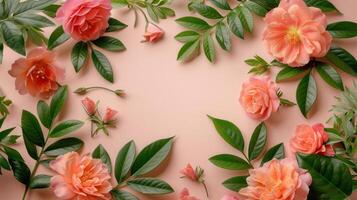Beautiful arrangement of soft peach roses and green leaves on a pastel background for decoration photo