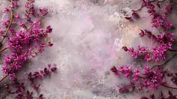 Vibrant pink flowers arranged artistically on a textured surface with soft pastel colors in the background photo