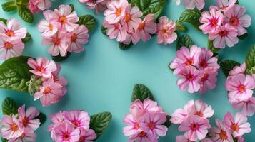 Vibrant pink flowers arranged on a soft blue background, creating a fresh and lively atmosphere photo