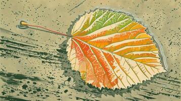 Colorful autumn leaf resting on a textured surface with subtle shadows and natural tones photo